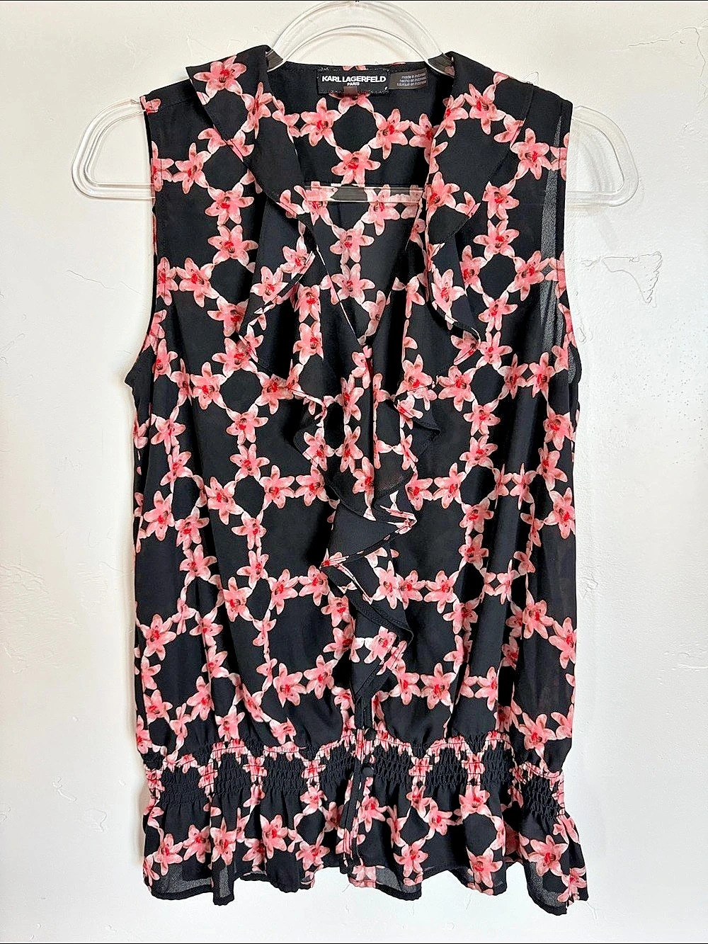 Karl Lagerfeld Floral Ruffle Blouse in Black & Pink Like New
